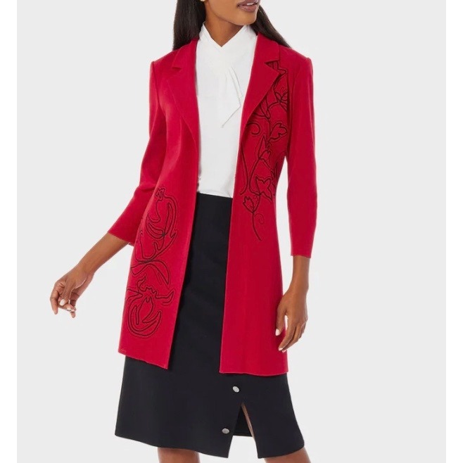New Misook Knit Jacket Womens Xl Red Floral Embroidered Heritage Fit K5003ac